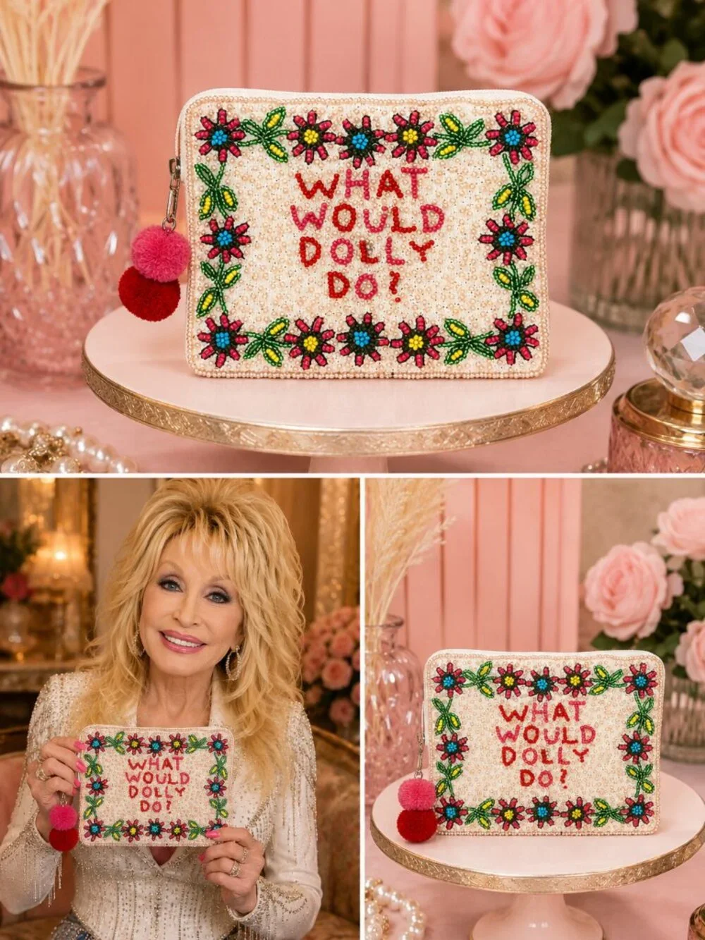 NEW DOLLY PARTON Seed Beaded Larger Style Pom-Pom Zipper Makeup Money Pouch